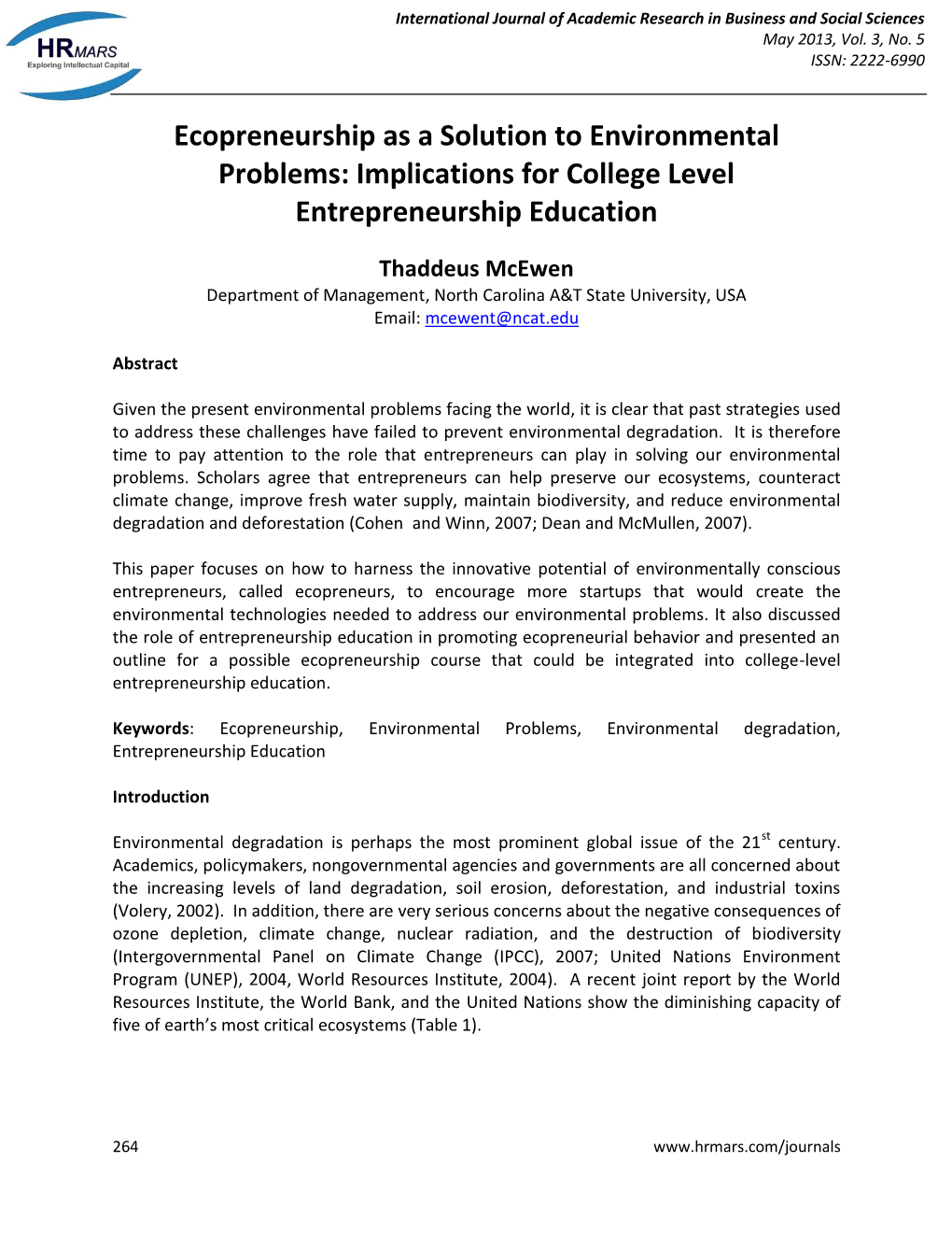 Ecopreneurship As a Solution to Environmental Problems: Implications for College Level Entrepreneurship Education