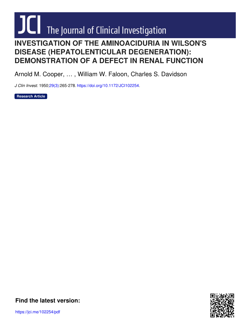 Investigation of the Aminoaciduria in Wilson's Disease (Hepatolenticular Degeneration): Demonstration of a Defect in Renal Function