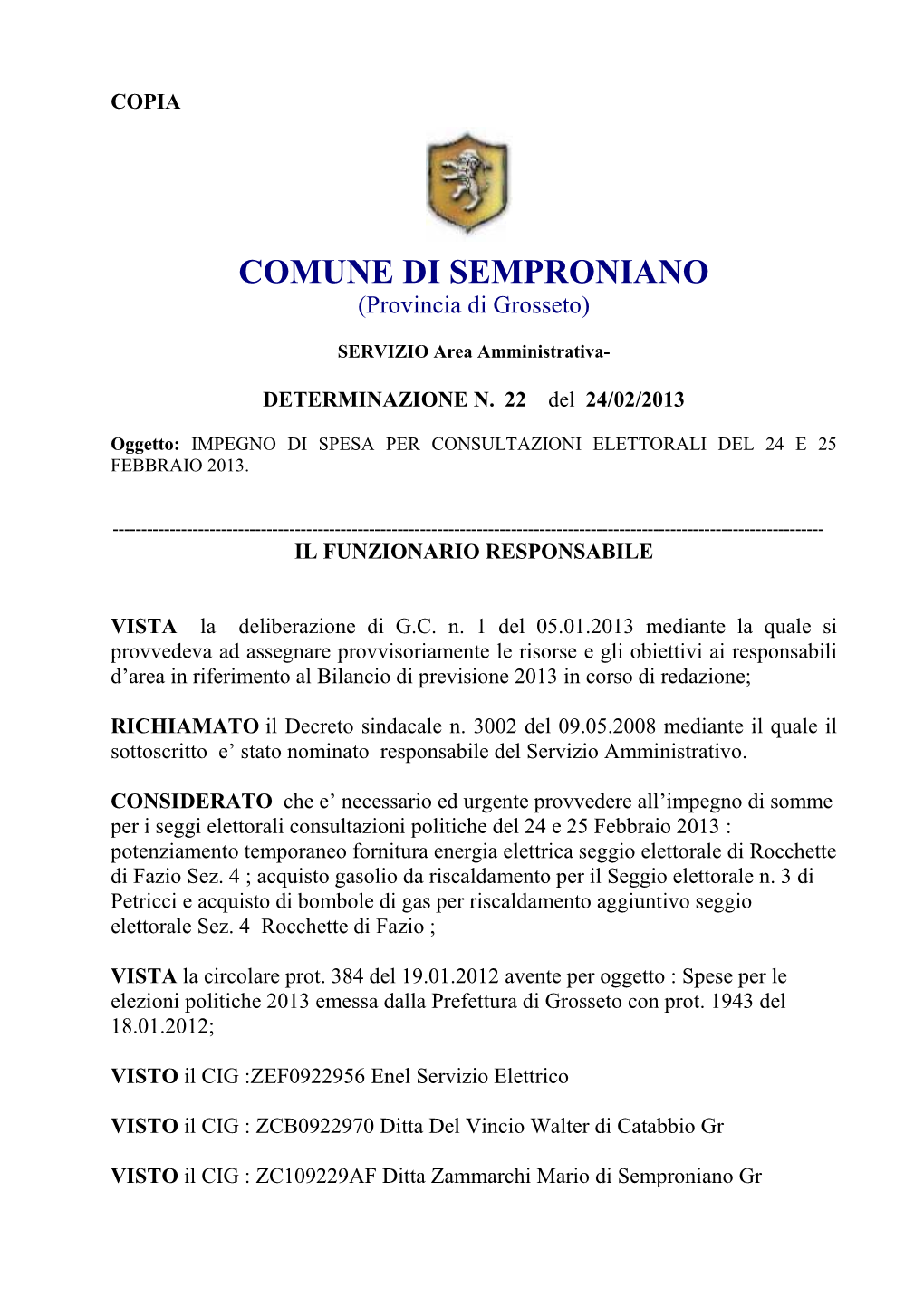 COMUNE DI SEMPRONIANO (Provincia Di Grosseto)