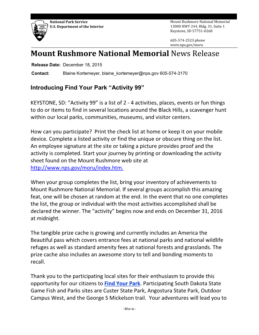 Mount Rushmore National Memorial News Release