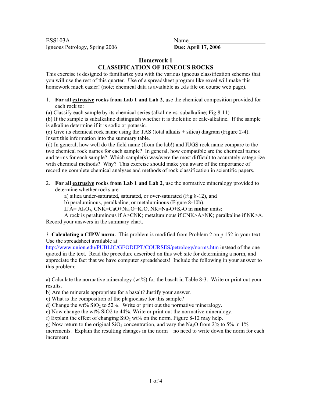 Homework 1 CLASSIFICATION of IGNEOUS ROCKS