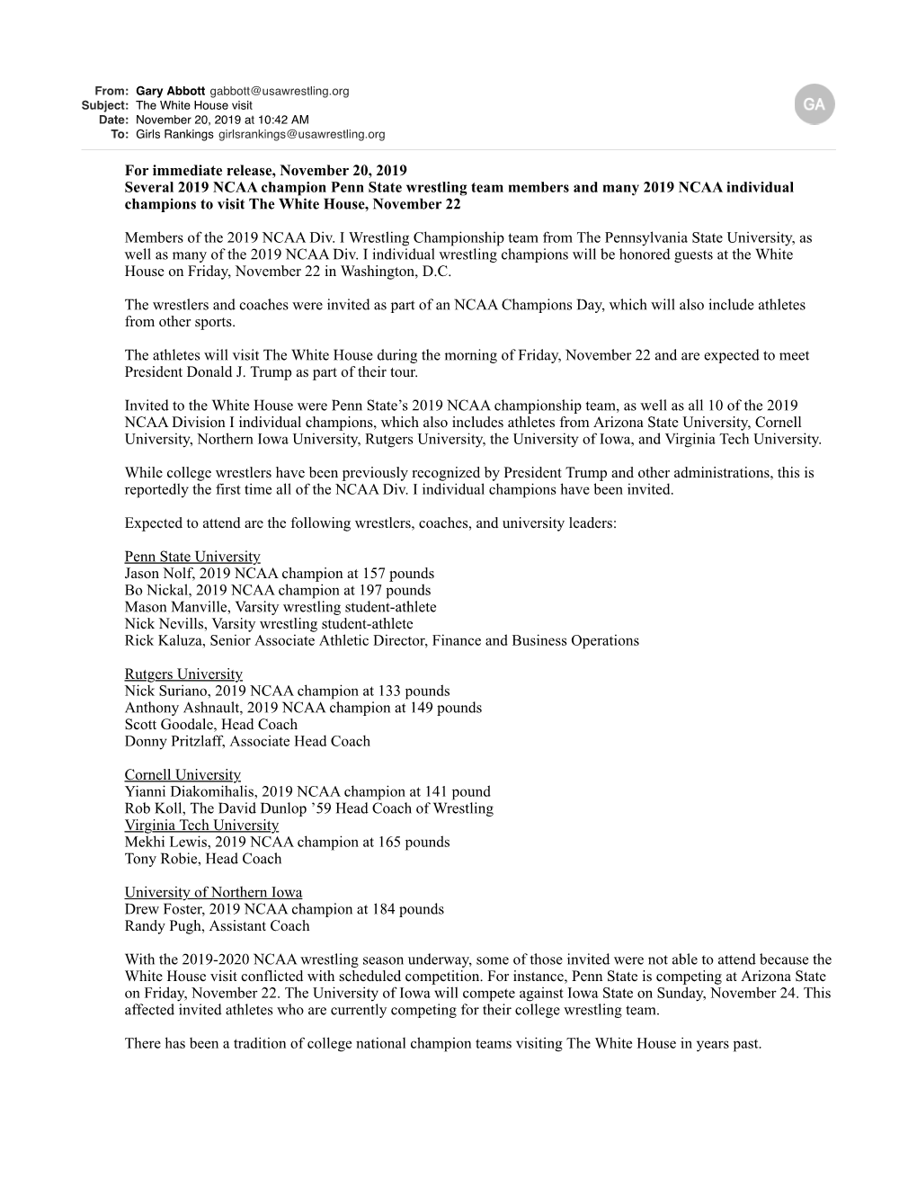 The White House Visit Date: November 20, 2019 at 10:42 AM To: Girls Rankings Girlsrankings@Usawrestling.Org