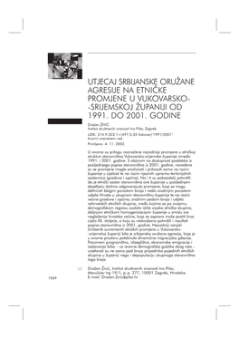 Utjecaj Srbijanske Oru@Ane Agresije Na Etni^Ke Promjene U Vukovarsko- -Srijemskoj @Upaniji Od 1991