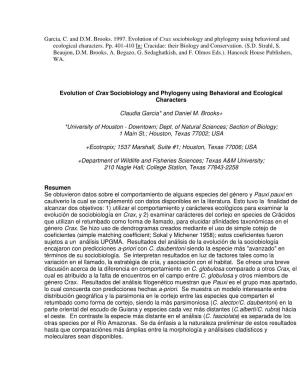 Garcia, C. and D.M. Brooks. 1997. Evolution of Crax Sociobiology and Phylogeny Using Behavioral and Ecological Characters