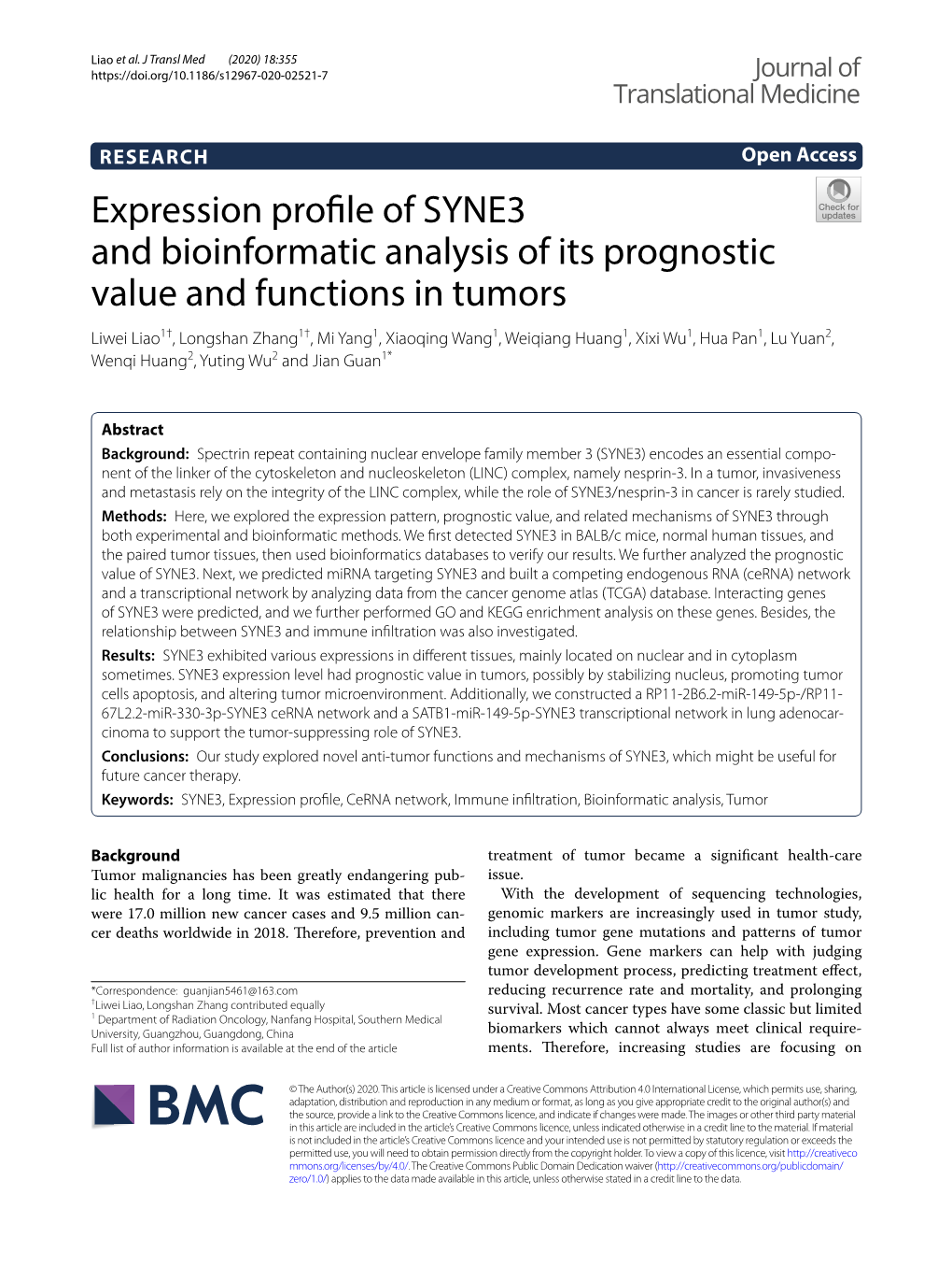 Expression Profile of SYNE3 and Bioinformatic Analysis of Its