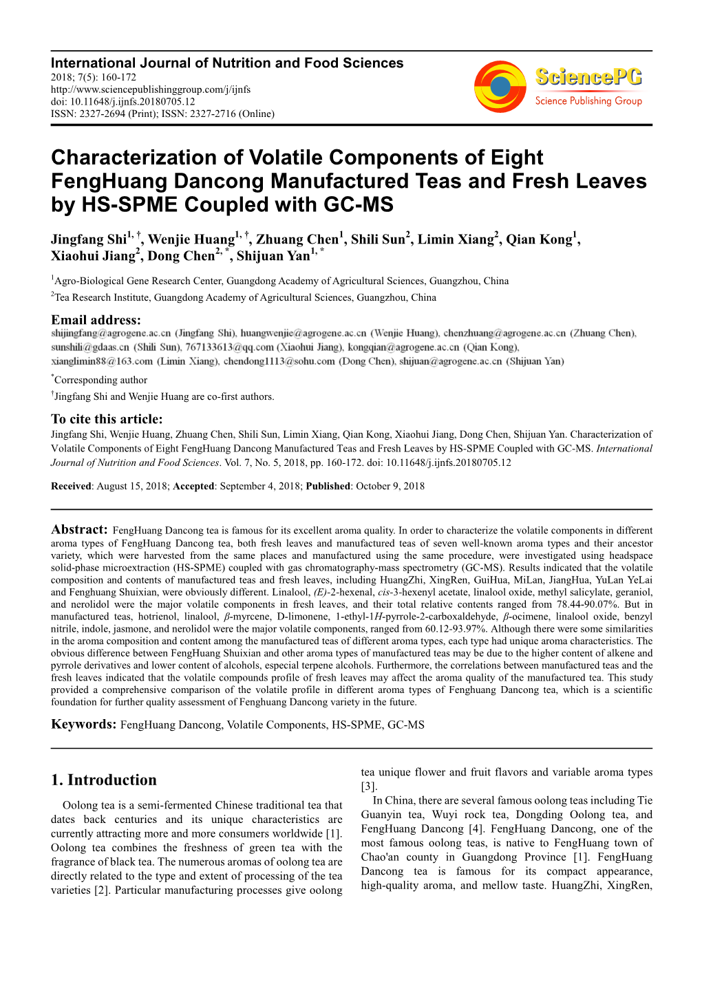 Characterization of Volatile Components of Eight Fenghuang Dancong Manufactured Teas and Fresh Leaves by HS-SPME Coupled with GC-MS