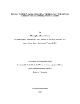 IDEAS of EMPIRE in EARLY MING CHINA: the LEGACY of the MONGOL EMPIRE in CHINESE IMPERIAL VISIONS, 1368-1500 by Christopher Edwar