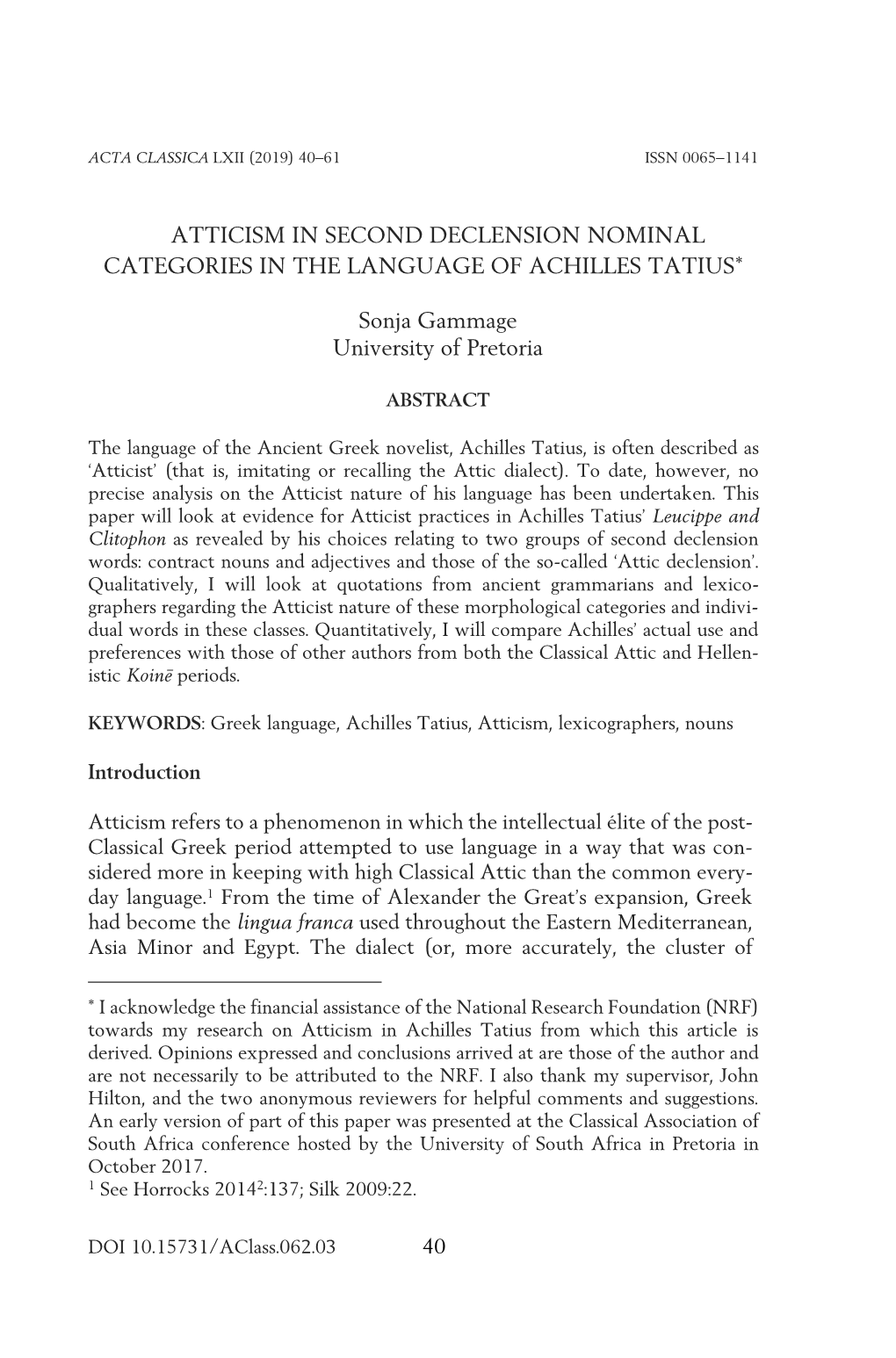 Atticism in Second Declension Nominal Categories in the Language of Achilles Tatius