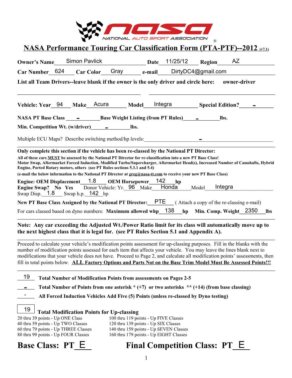 NASA Performance Touring Car Classification Form (PTA-PTF)--2012 (V7.1)