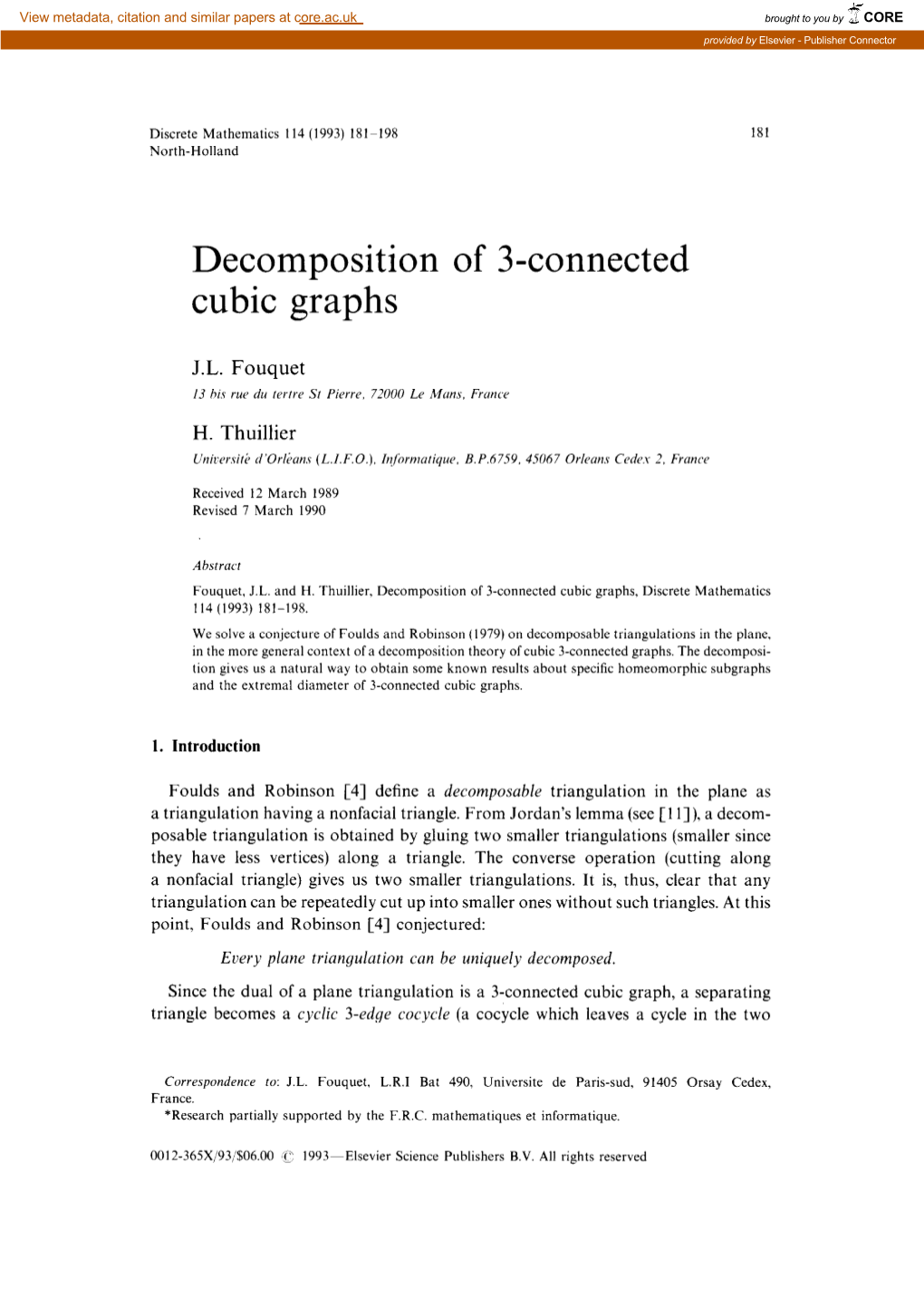 Decomposition of 3-Connected Cubic Graphs