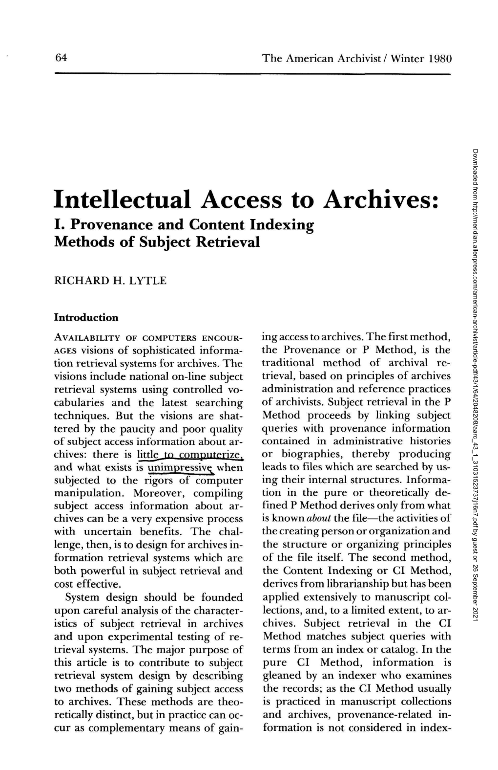 Intellectual Access to Archives: I