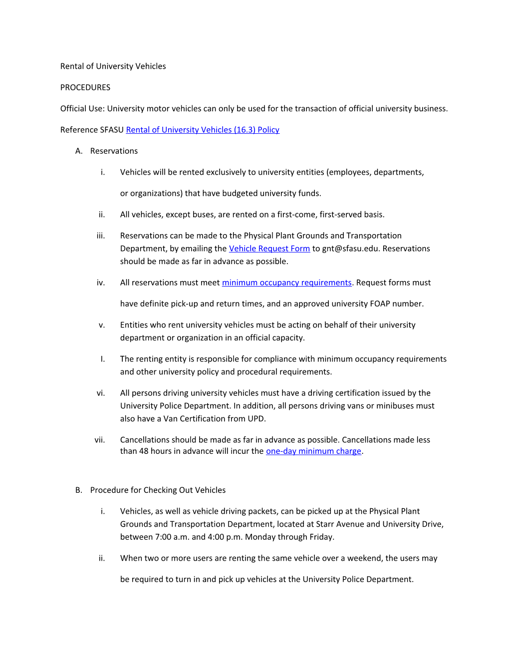 Reference SFASU Rental of University Vehicles (16.3) Policy