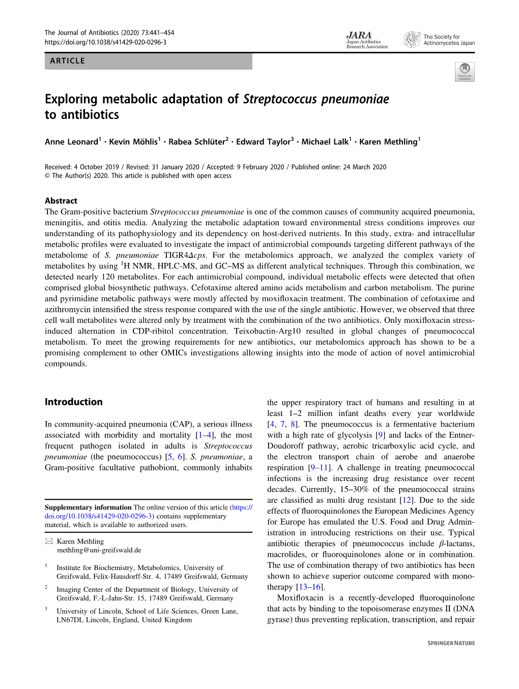 Exploring Metabolic Adaptation of Streptococcus Pneumoniae to Antibiotics