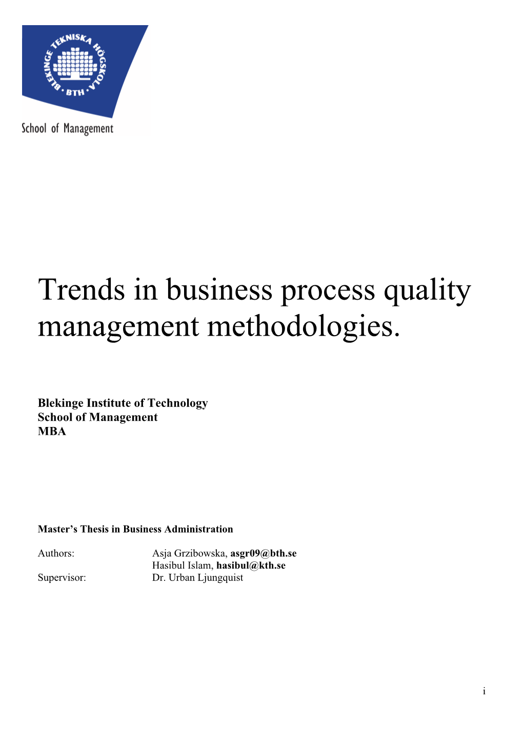 Trends in Business Process Quality Management Methodologies