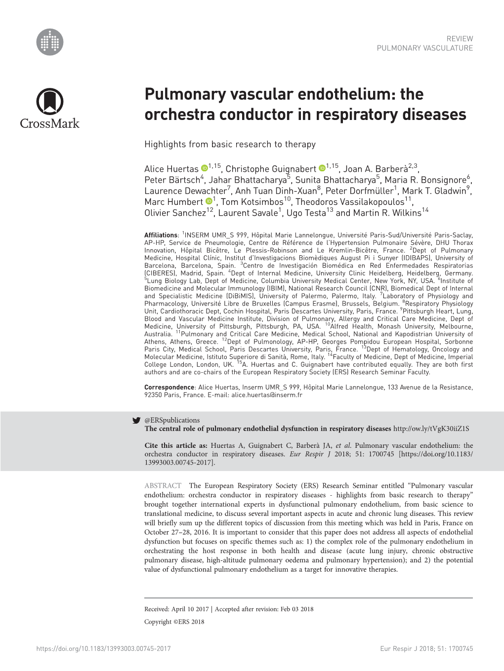 Pulmonary Vascular Endothelium: the Orchestra Conductor in Respiratory Diseases