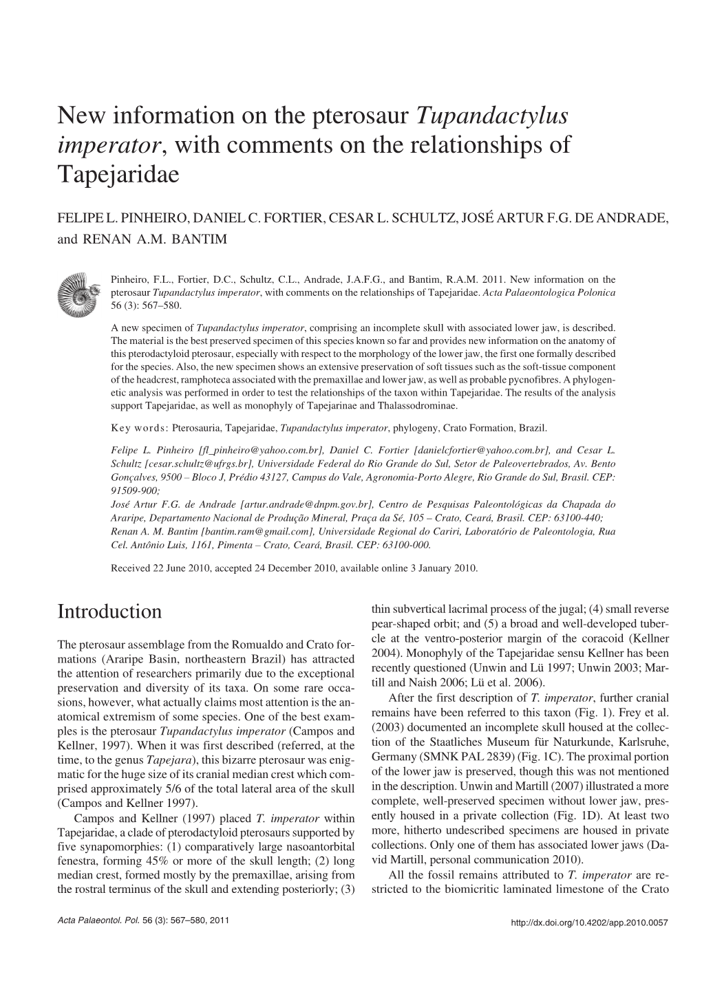 New Information on the Pterosaur Tupandactylus Imperator, with Comments on the Relationships of Tapejaridae