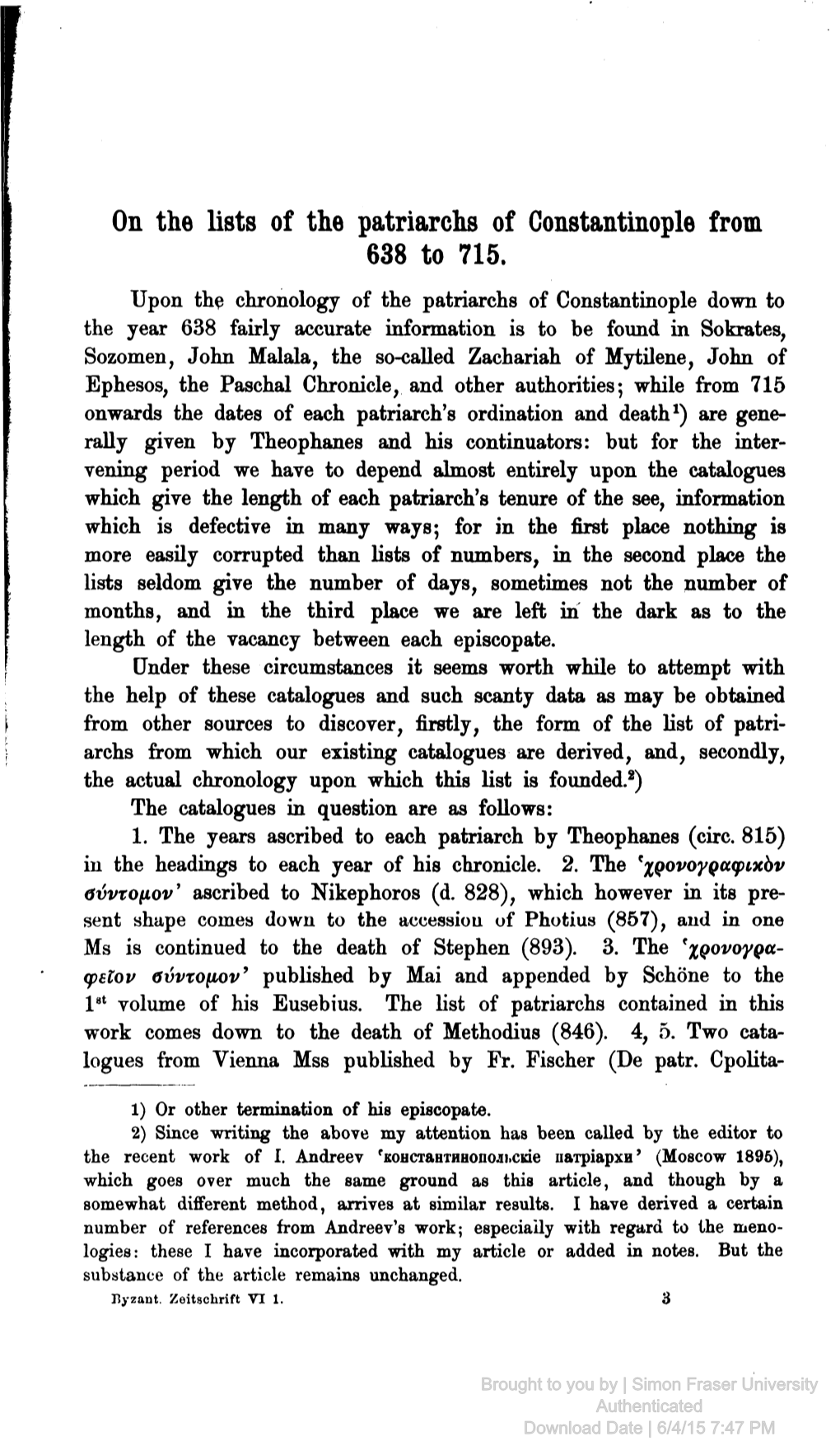 On the Lists of the Patriarchs of Gonstantinople from 638 to 715