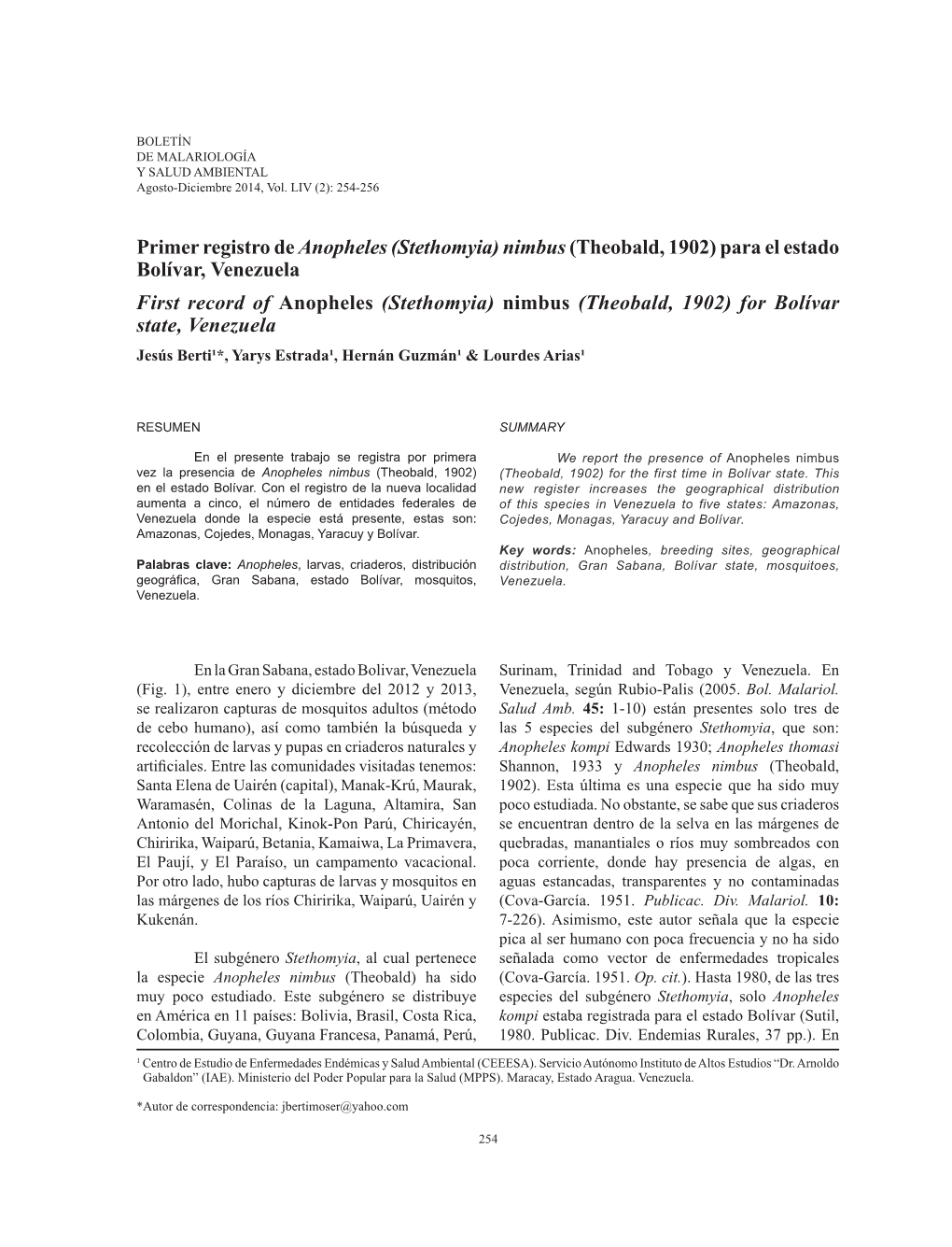 Primer Registro De Anopheles (Stethomyia) Nimbus(Theobald, 1902)