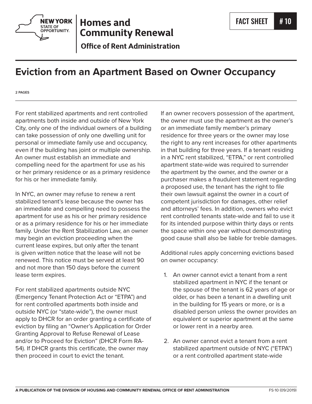 Fact Sheet #10: Eviction from an Apartment Based on Owner Occupan