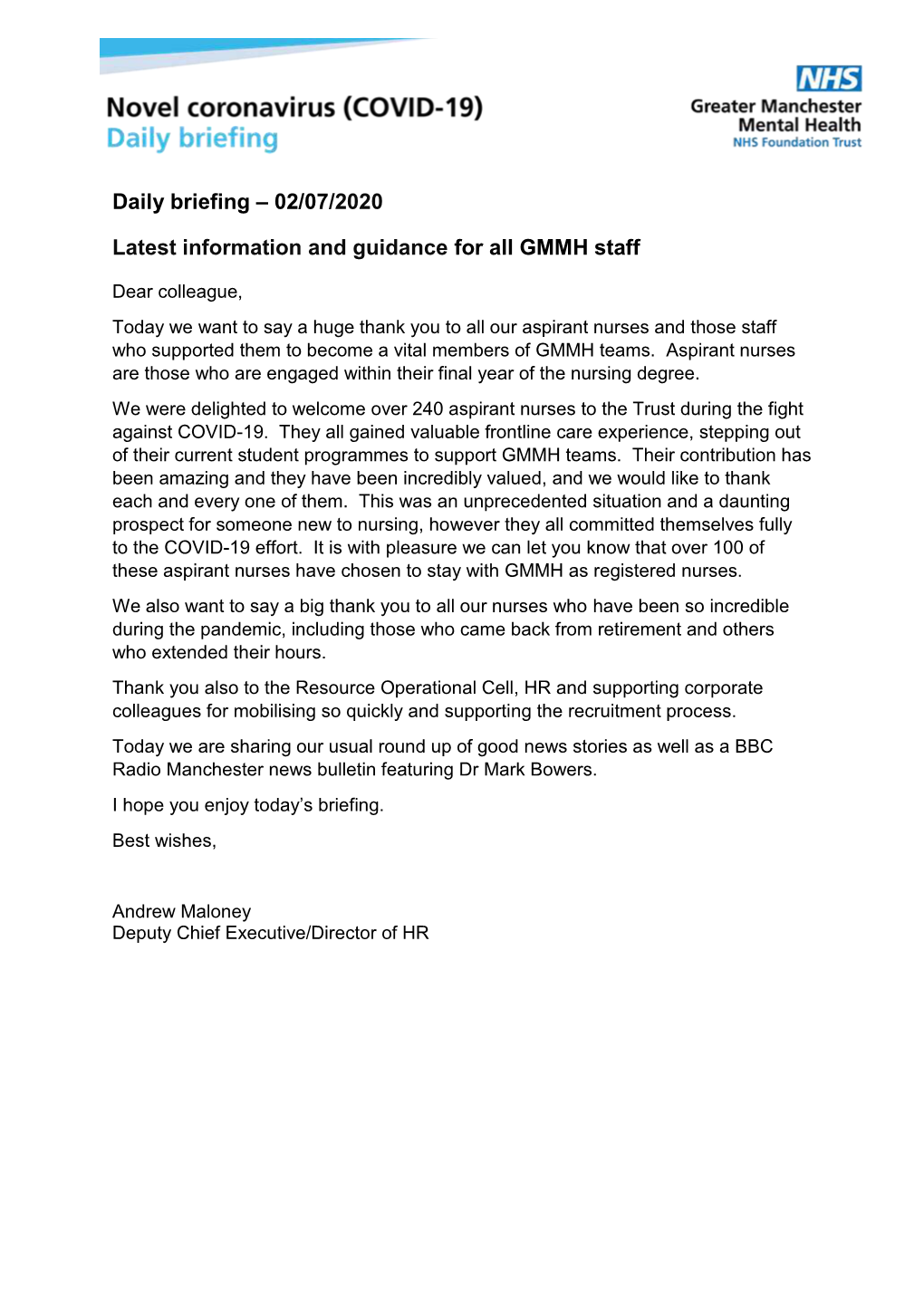 02/07/2020 Latest Information and Guidance for All GMMH Staff
