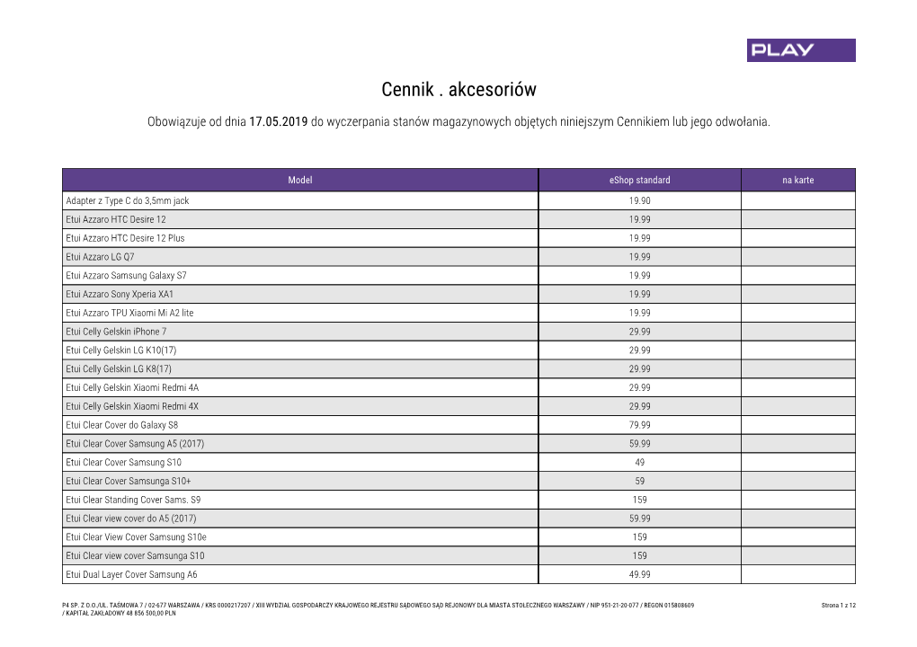 Cennik . Akcesoriów