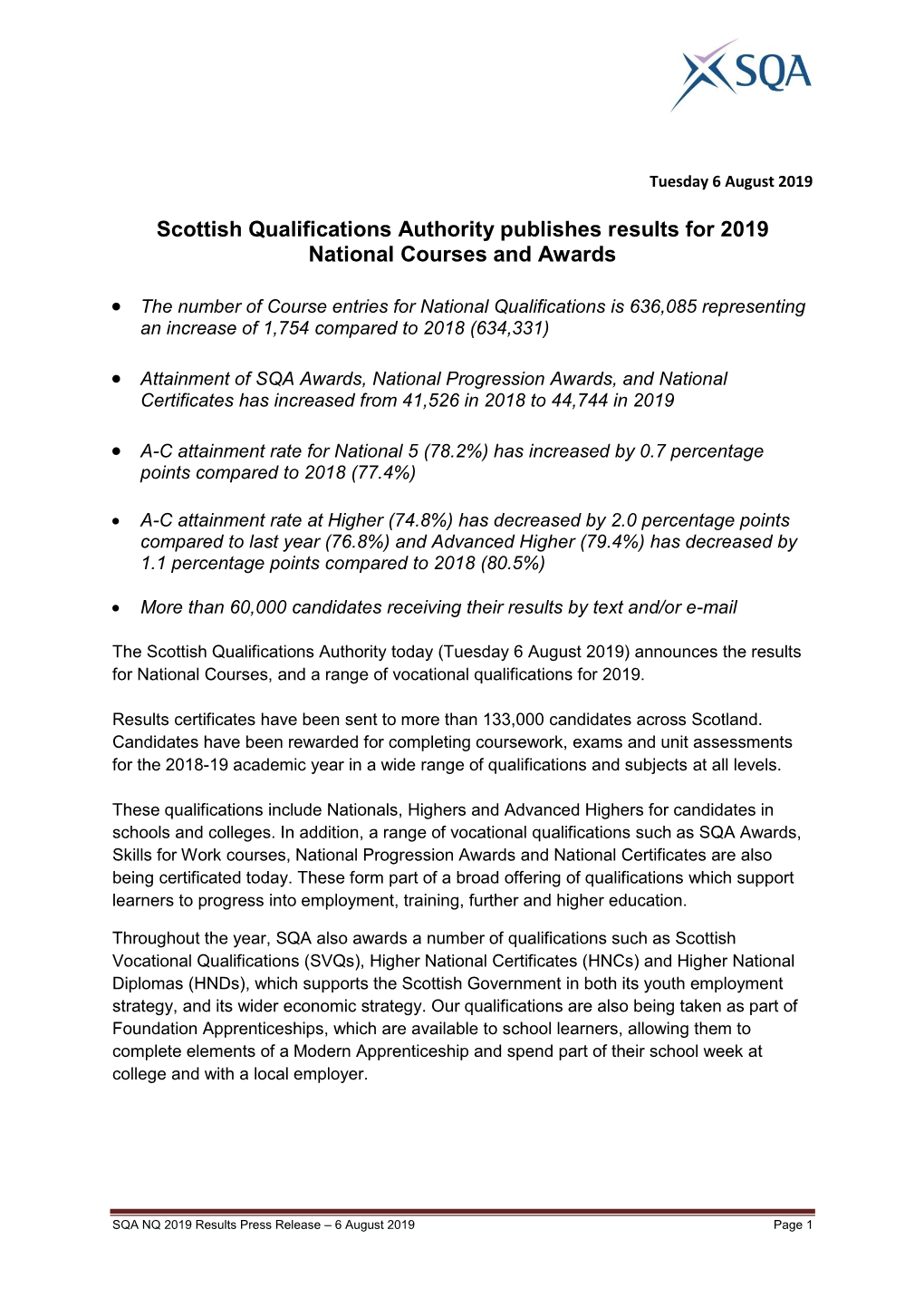 Scottish Qualifications Authority Publishes Results for 2019 National Courses and Awards