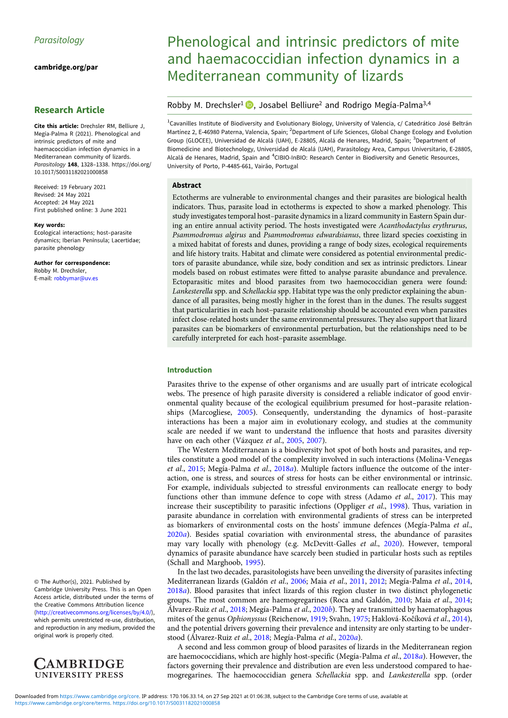 Phenological and Intrinsic Predictors of Mite and Haemacoccidian Infection Dynamics in a Cambridge.Org/Par Mediterranean Community of Lizards