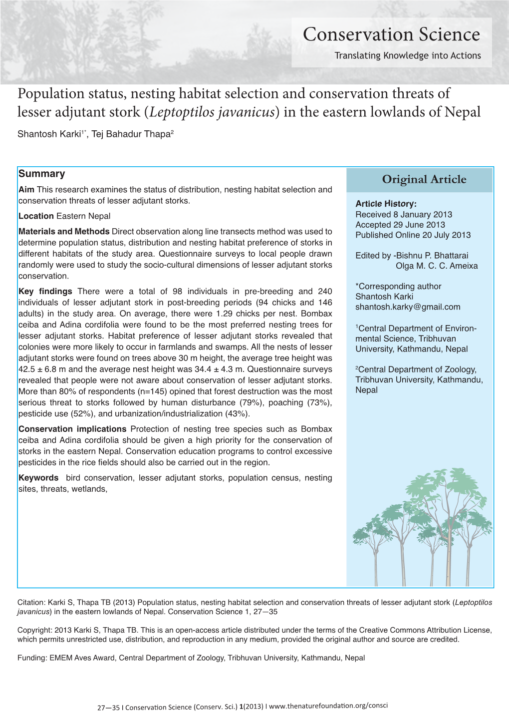Leptoptilos Javanicus) in the Eastern Lowlands of Nepal Shantosh Karki1*, Tej Bahadur Thapa2