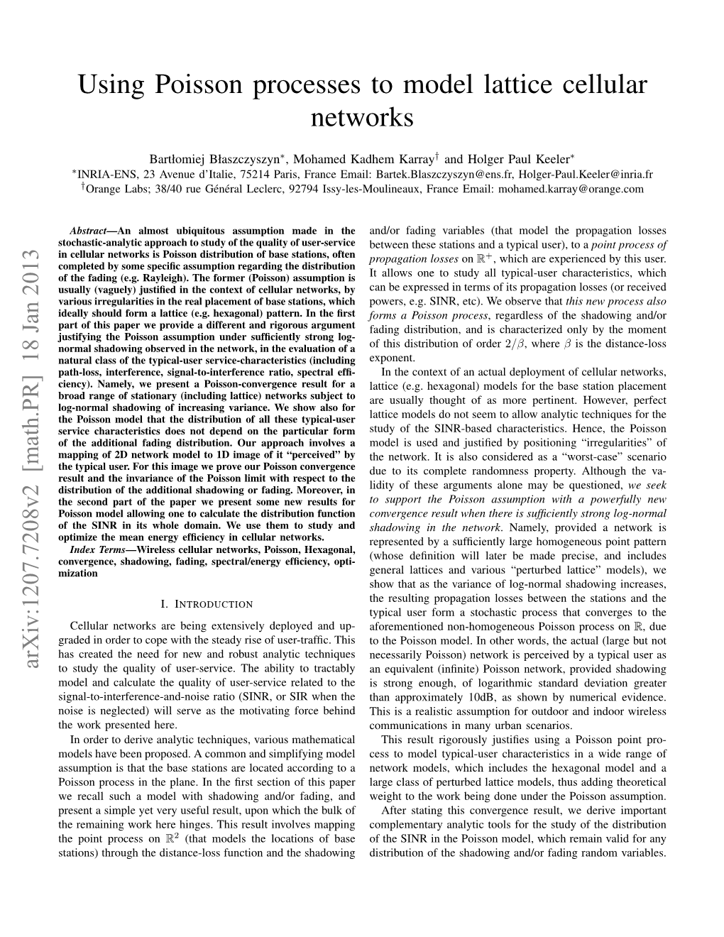 Using Poisson Processes to Model Lattice Cellular Networks'