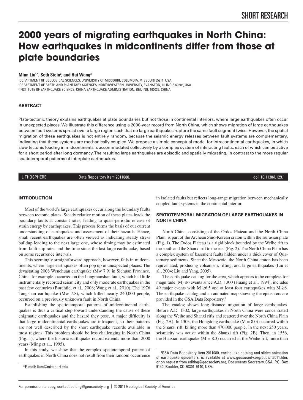 2000 Years of Migrating Earthquakes in North China: How Earthquakes in Midcontinents Differ from Those at Plate Boundaries