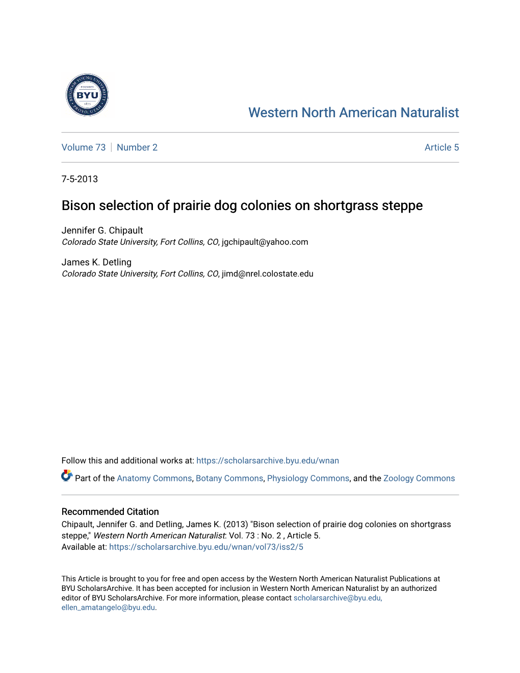 Bison Selection of Prairie Dog Colonies on Shortgrass Steppe