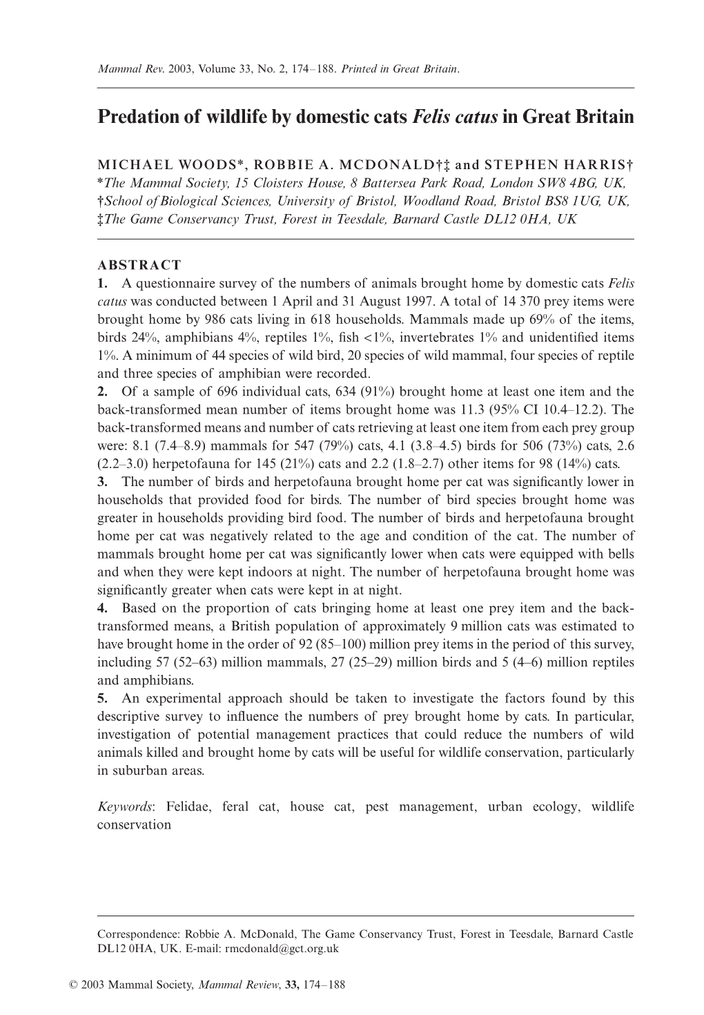 Predation of Wildlife by Domestic Cats Felis Catus in Great Britain