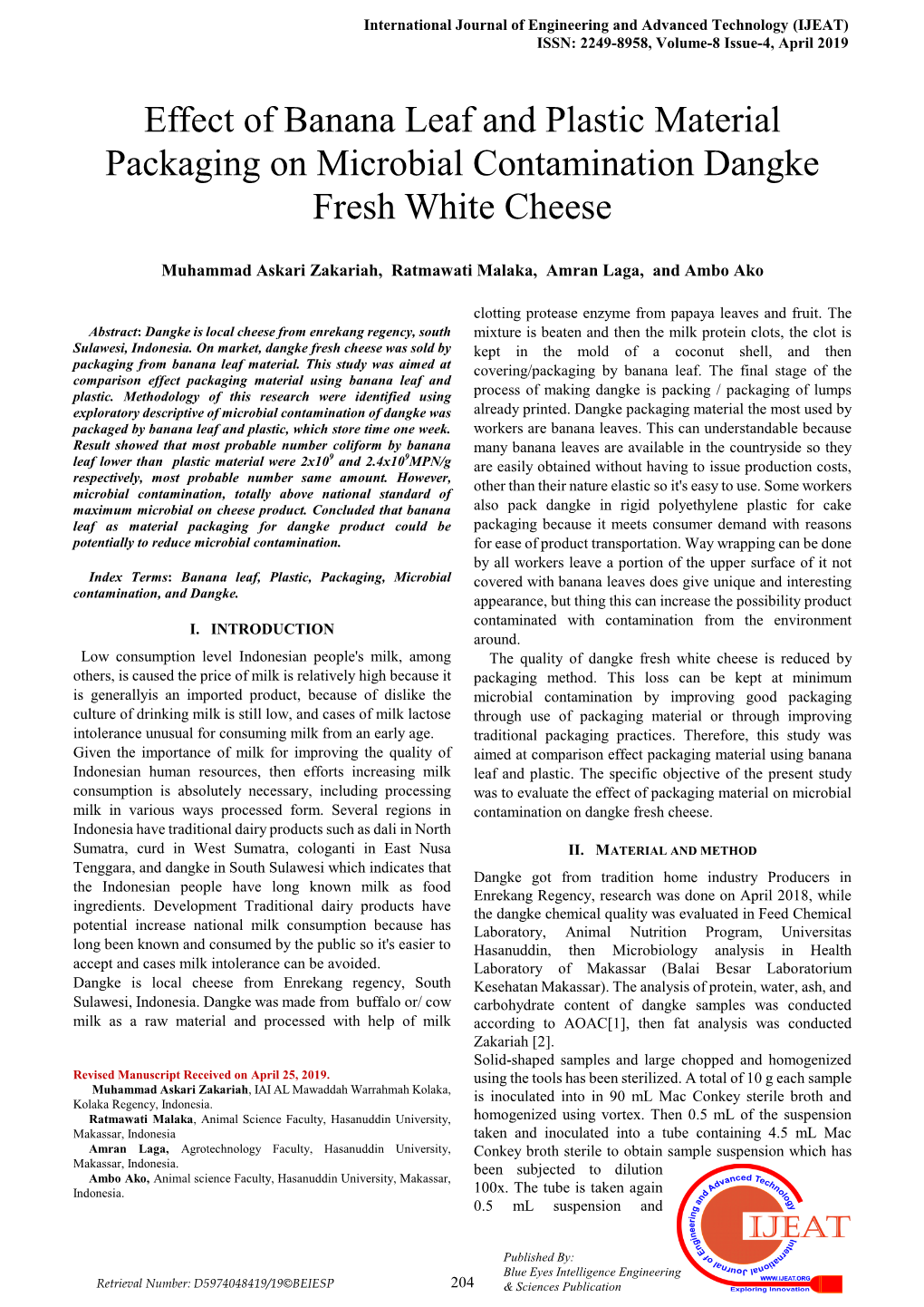 Effect of Banana Leaf and Plastic Material Packaging on Microbial Contamination Dangke Fresh White Cheese