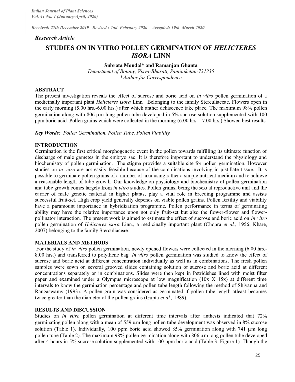 Studies on in Vitro Pollen Germination of Helicteres