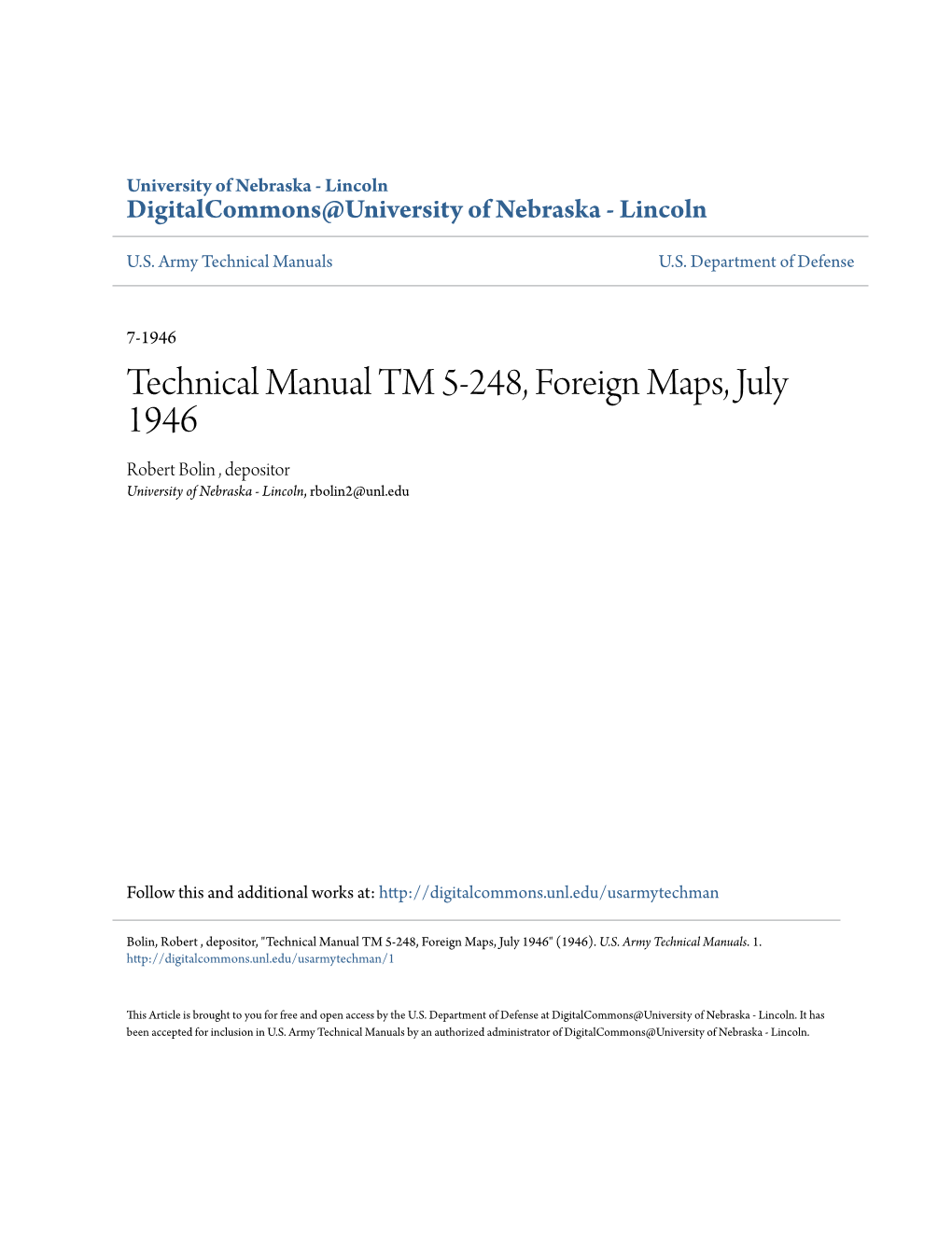 Technical Manual TM 5-248, Foreign Maps, July 1946 Robert Bolin , Depositor University of Nebraska - Lincoln, Rbolin2@Unl.Edu