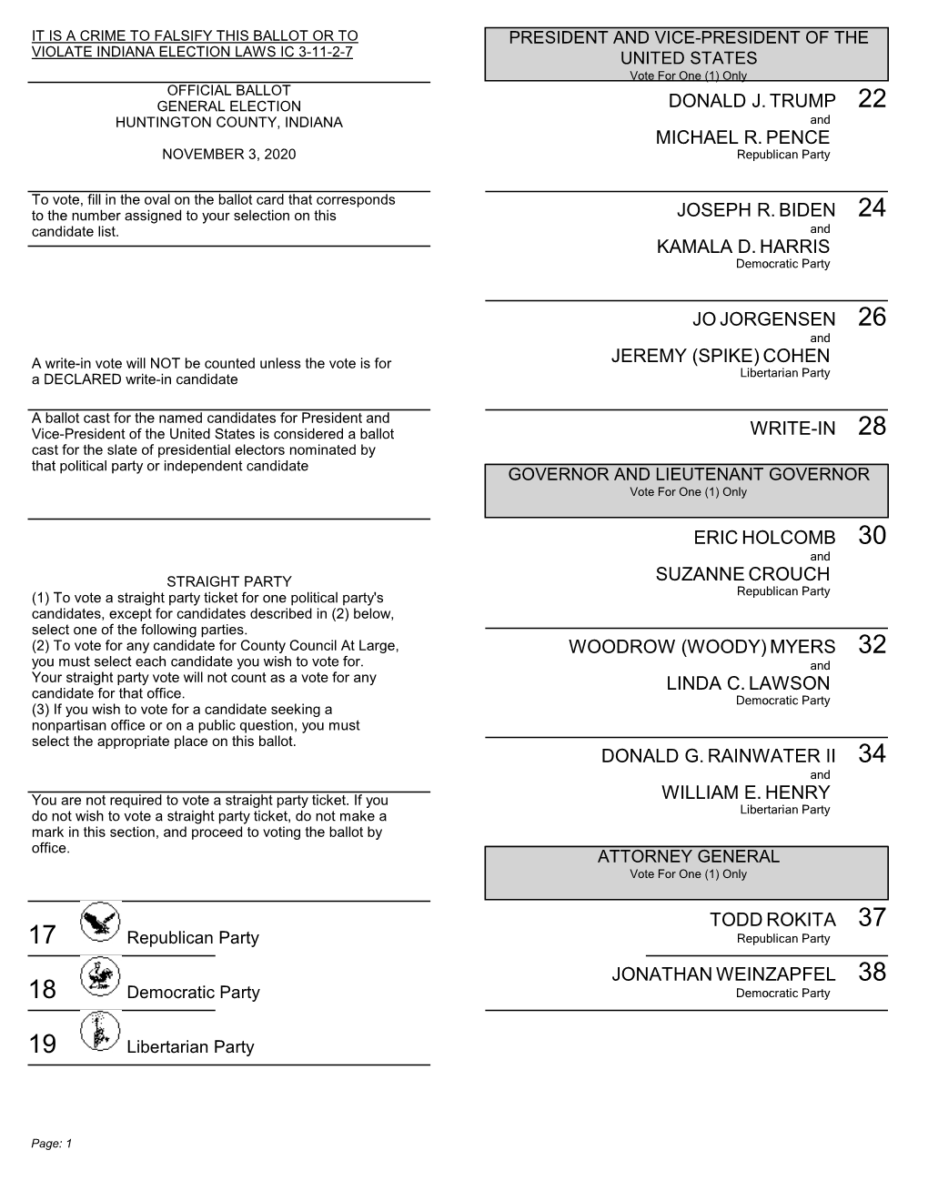 2020 General Election Sample Ballot