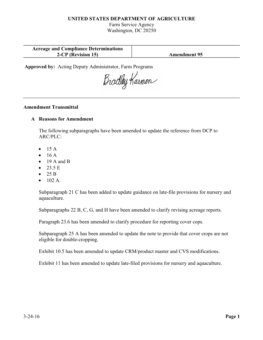 UNITED STATES DEPARTMENT of AGRICULTURE Farm Service Agency Washington, DC 20250