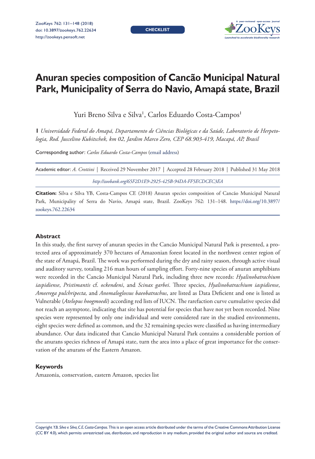 Anuran Species Composition of Cancão Municipal Natural Park