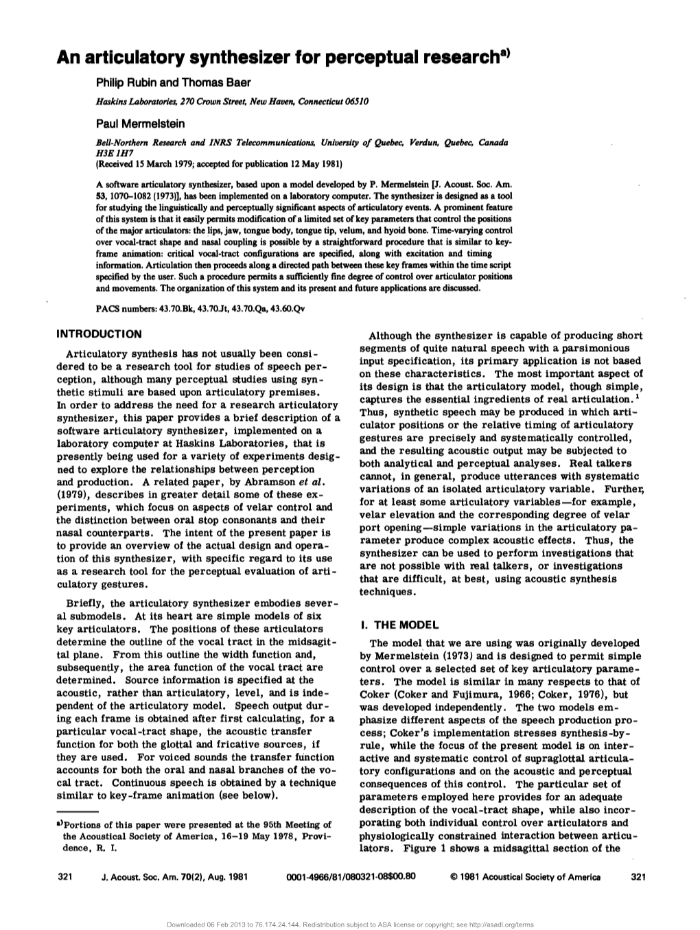 An Articulatory Synthesizer for Perceptual Research