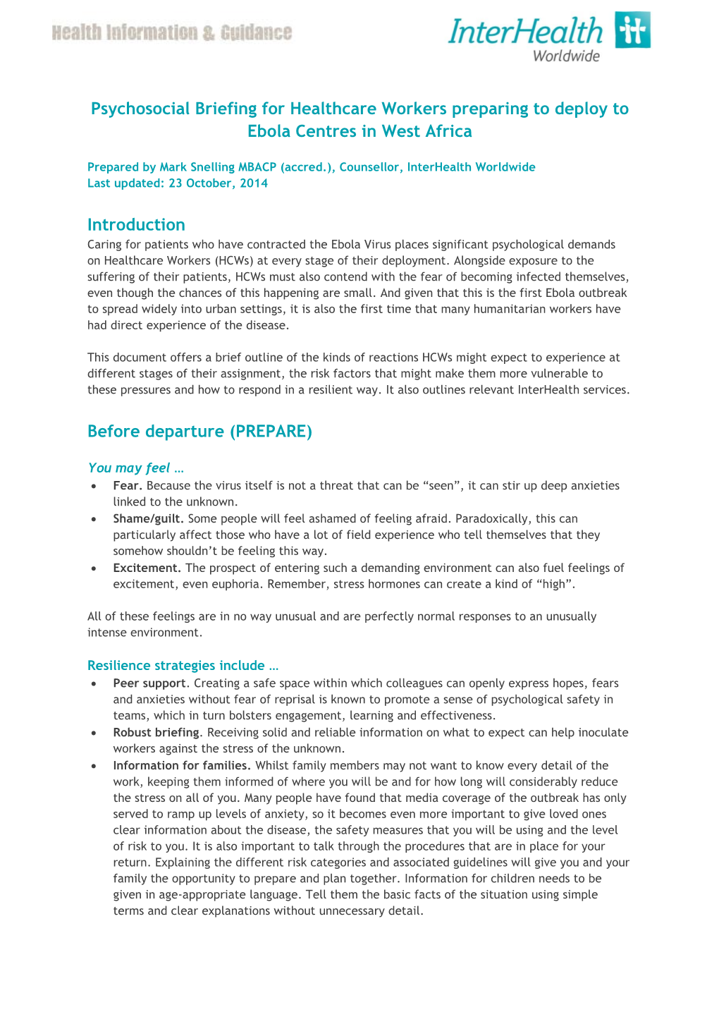 Psychosocial Briefing for Healthcare Workers Preparing to Deploy to Ebola Centres in West Africa