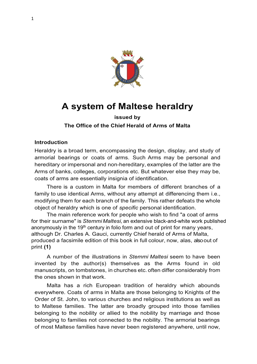 A System of Maltese Heraldry Issued by the Office of the Chief Herald of Arms of Malta