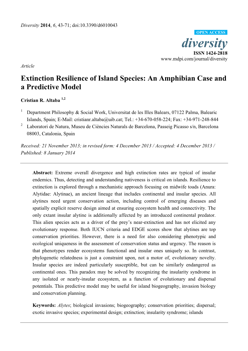 Extinction Resilience of Island Species: an Amphibian Case and a Predictive Model