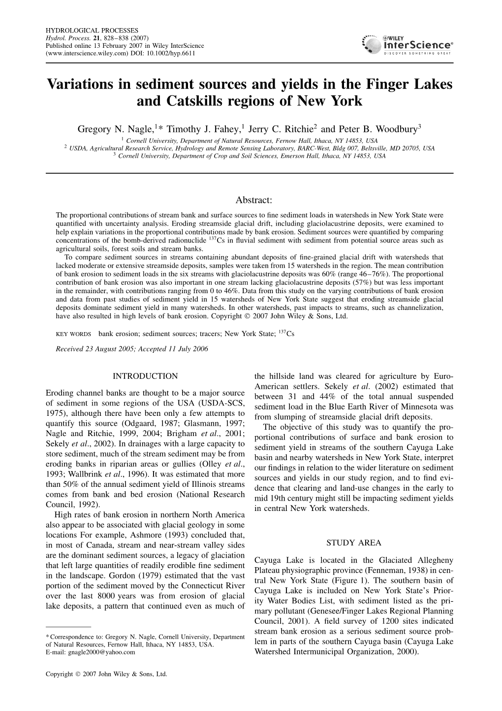 Variations in Sediment Sources and Yields in the Finger Lakes and Catskills Regions of New York