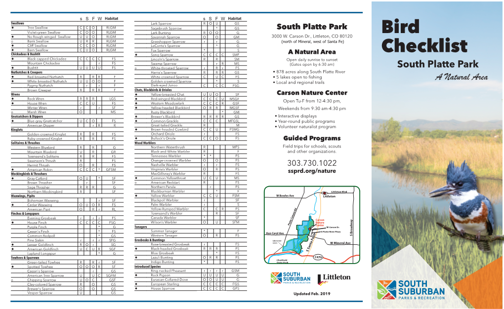 Birds of South Platte Park Checklist