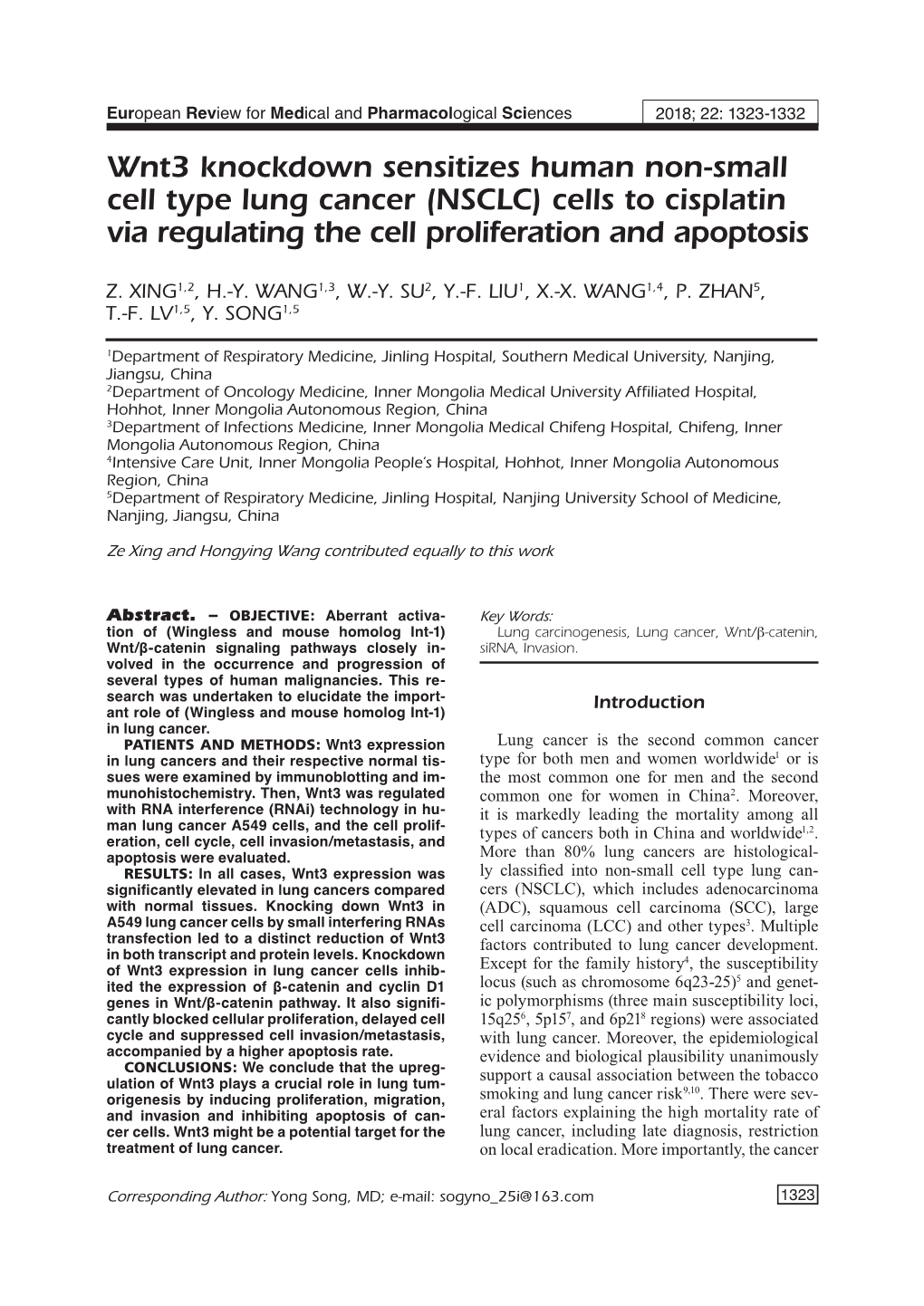 Wnt3 Regulates the Proliferation and Apoptosis of NSCLC Cells