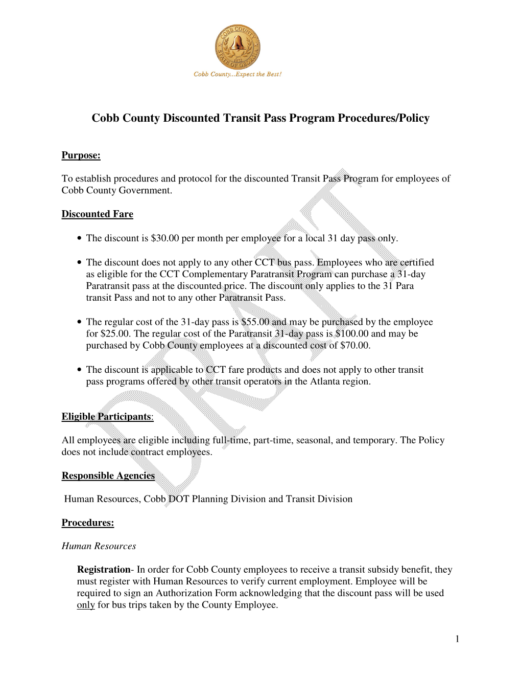 Cobb County Discounted Transit Pass Program Procedures/Policy