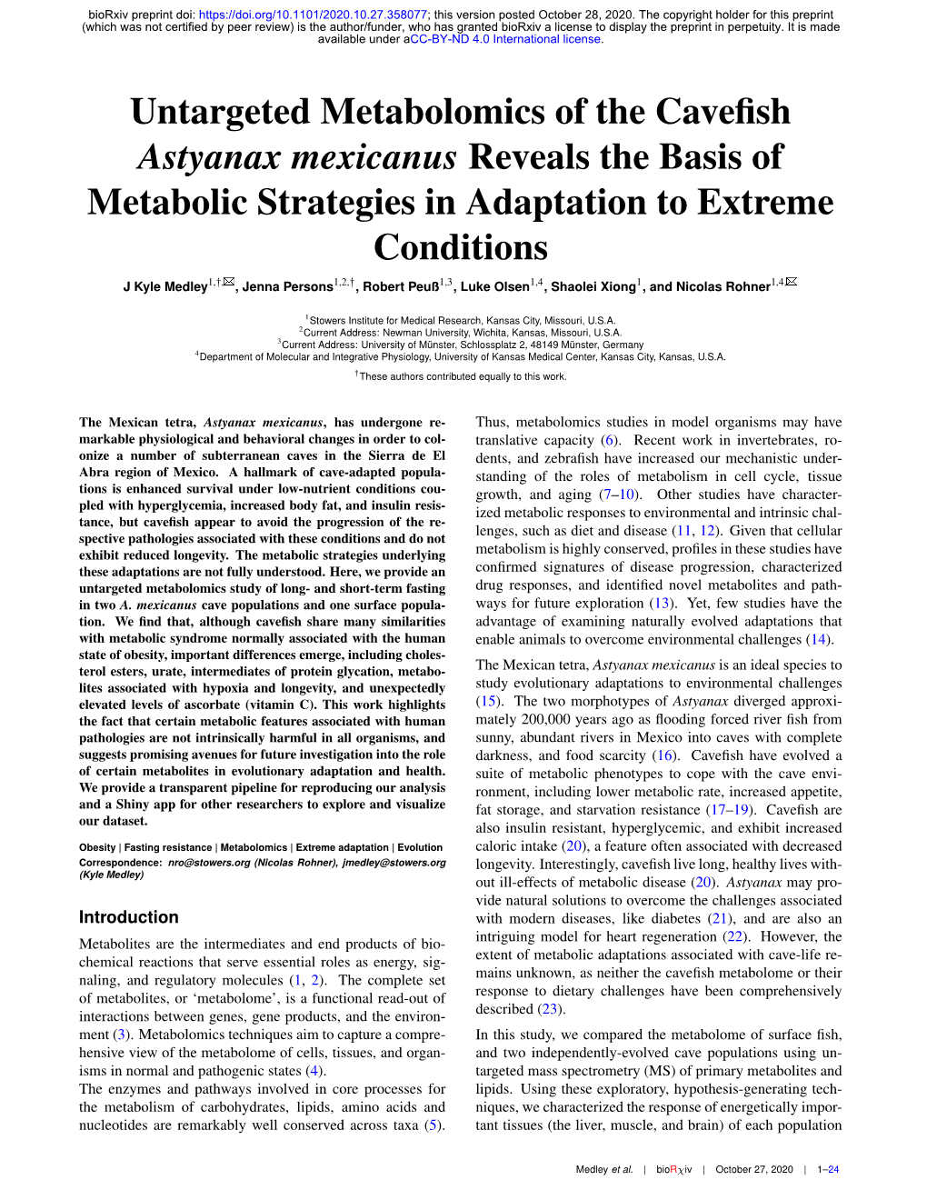 Untargeted Metabolomics of the Cavefish Astyanax Mexicanus