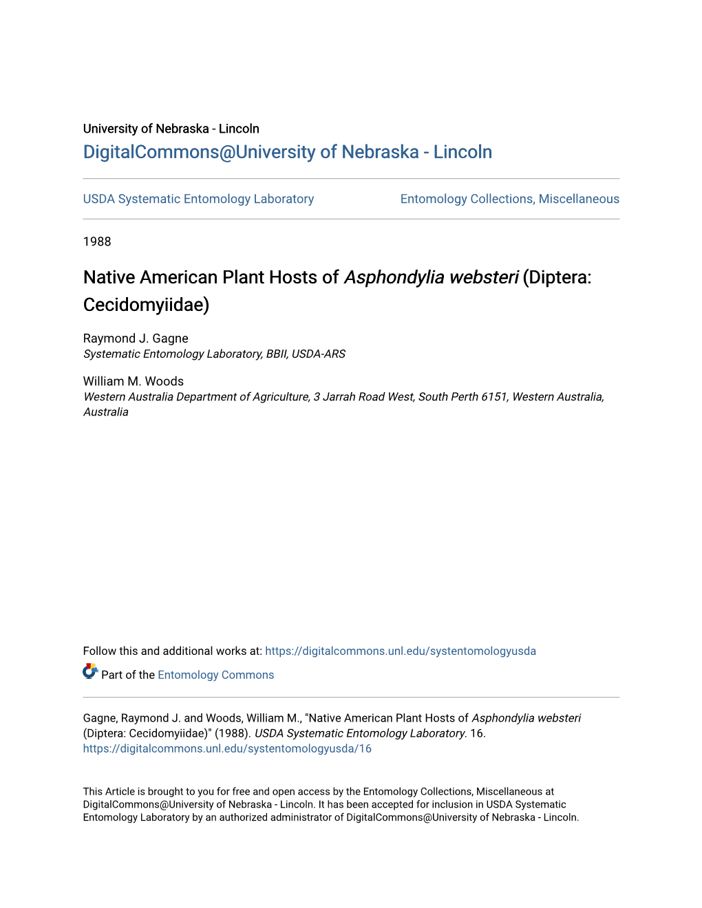 Native American Plant Hosts of Asphondylia Websteri (Diptera: Cecidomyiidae)