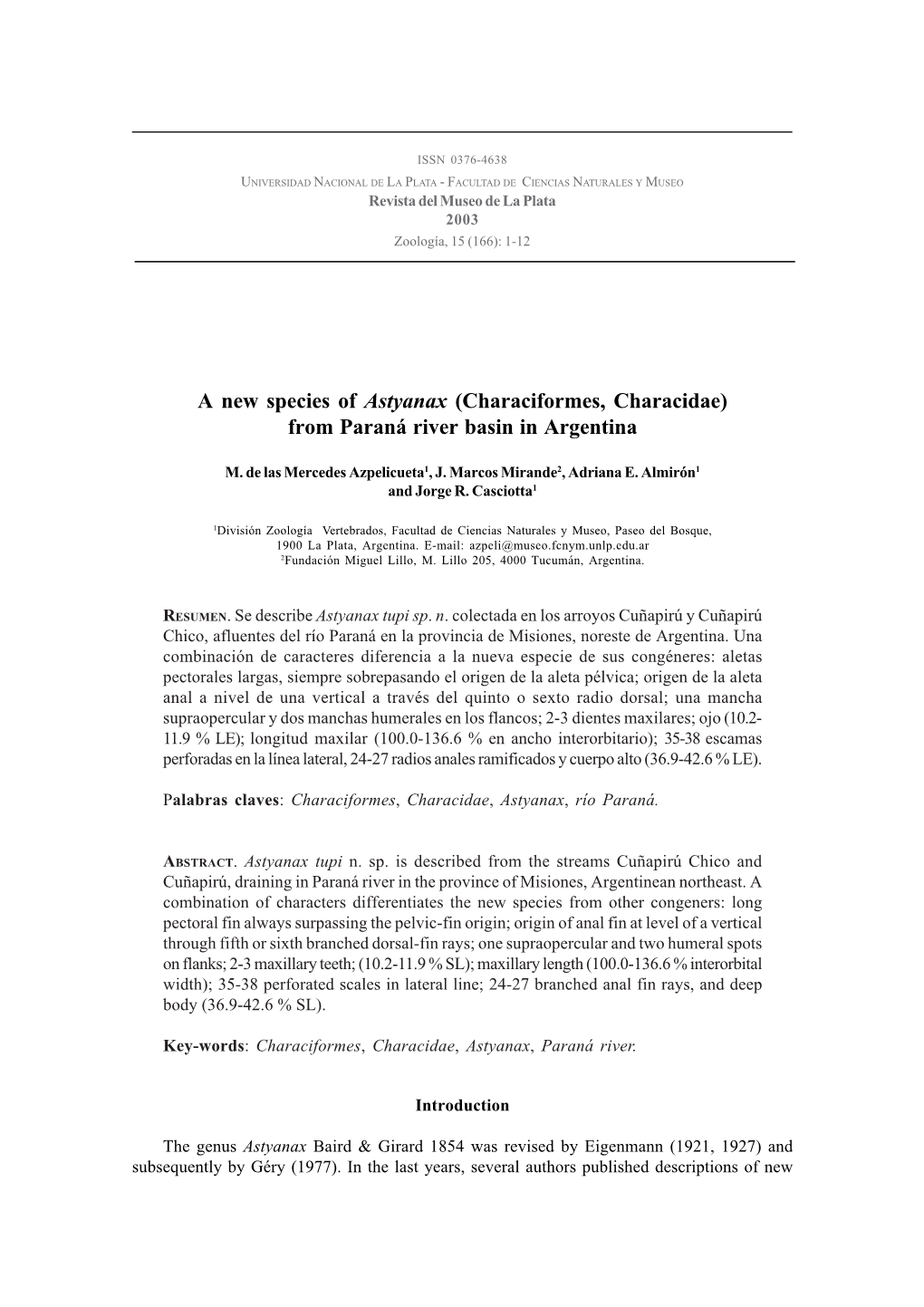 A New Species of Astyanax (Characiformes, Characidae) from Paraná River Basin in Argentina