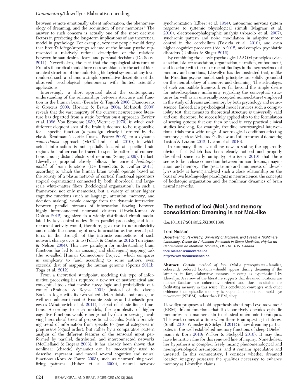 The Method of Loci (Mol) and Memory Consolidation: Dreaming Is Not Mol